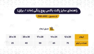 راهنمای ابعاد پاکت باکس پوچ رنگی